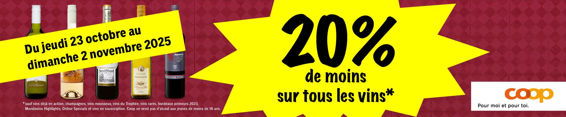 20% de moins sur tous les vins*