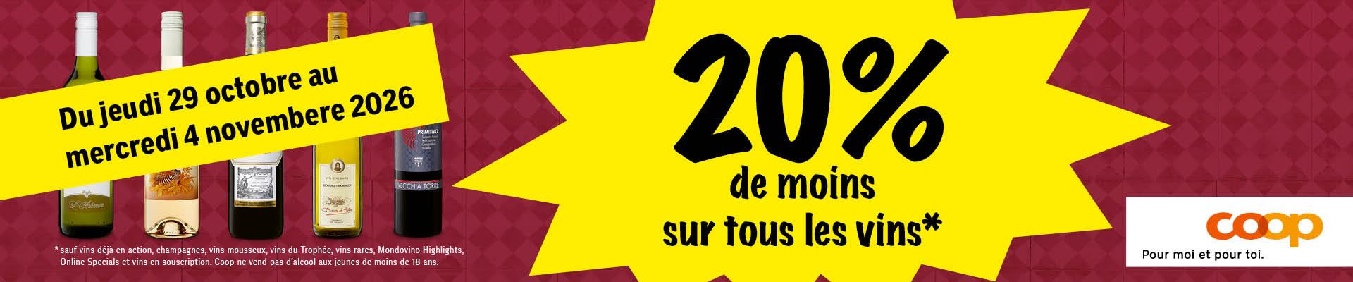 20% de moins sur tous les vins*